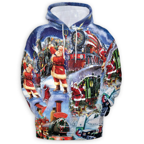 Netecom Santa Claus Christmas Train 3D Hoodie with Front Pocket, Unisex Casual All Over Graphic Sweatshirt
