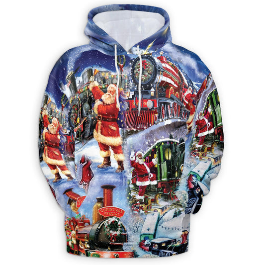 Netecom Santa Claus Christmas Train 3D Hoodie with Front Pocket, Unisex Casual All Over Graphic Sweatshirt