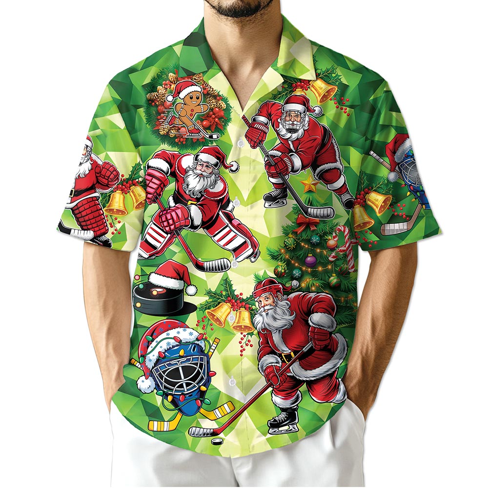 Netecom Santa Claus Ice Hockey Christmas Hawaiian Shirt, Sports Holiday Button Down Summer Beach Short Sleeve Shirt, S-5XL