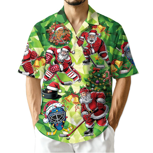 Netecom Santa Claus Ice Hockey Christmas Hawaiian Shirt, Sports Holiday Button Down Summer Beach Short Sleeve Shirt, S-5XL