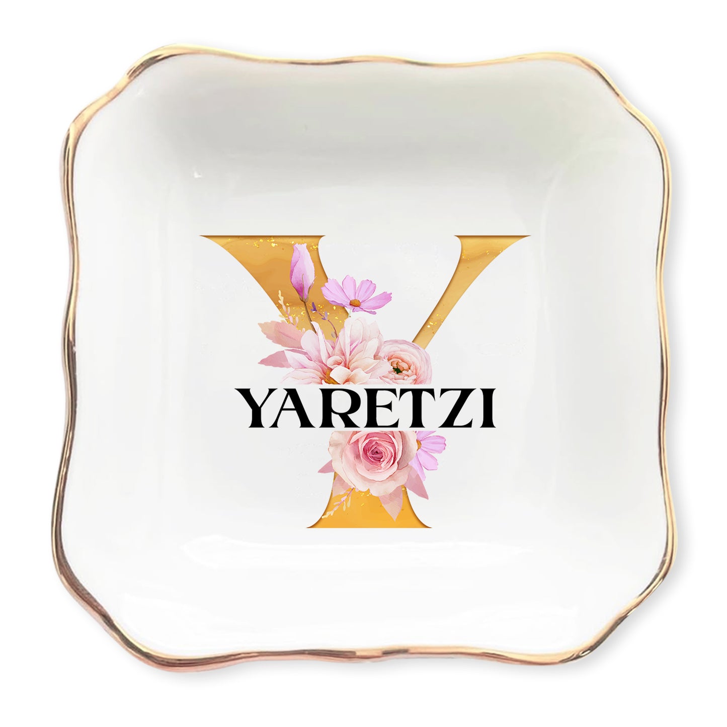 Netecom Customizable Jewelry Tray with Initials and Floral Design, Personalized Ceramic Tray for Home Decor or Family Gifts