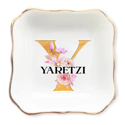 Netecom Customizable Jewelry Tray with Initials and Floral Design, Personalized Ceramic Tray for Home Decor or Family Gifts