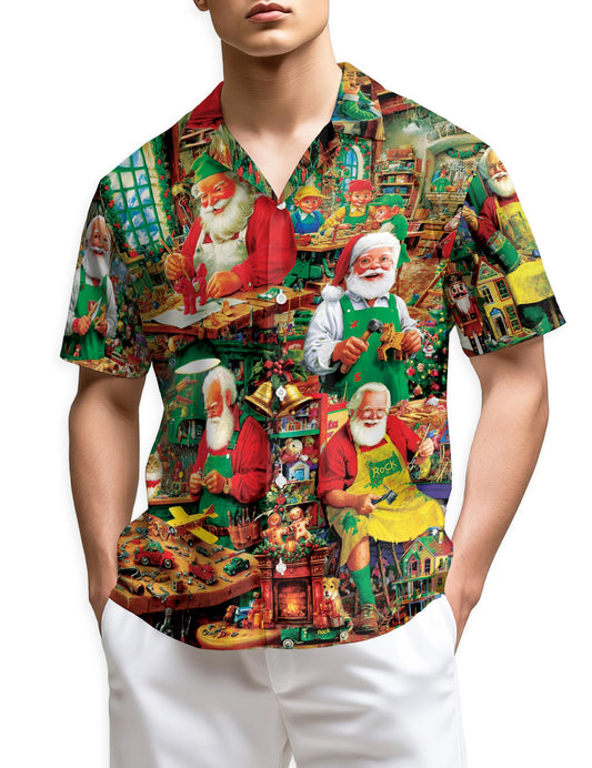Netecom Vintage Santa Claus Workshop Hawaiian Shirt for Men, Christmas Factory Print Button Down Summer Beach Shirt, S-5XL
