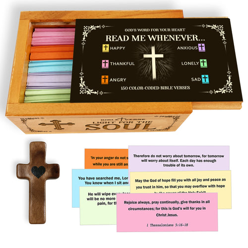 150 Color-Coded Bible Verses Wooden Box with Walnut Cross – Christian Scripture Cards for Encouragement, Prayer, Faith & Inspirational Gifts