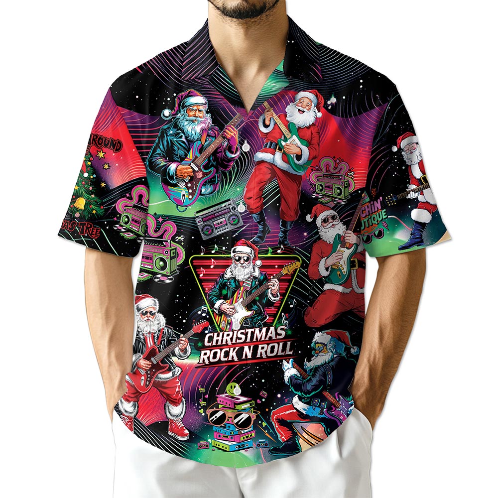 Netecom Santa Claus Rock Guitar Christmas Hawaiian Shirt for Men, Retro Music Holiday Button Down Summer Beach Shirt, S-5XL