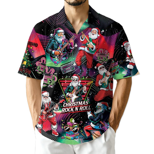 Netecom Santa Claus Rock Guitar Christmas Hawaiian Shirt for Men, Retro Music Holiday Button Down Summer Beach Shirt, S-5XL