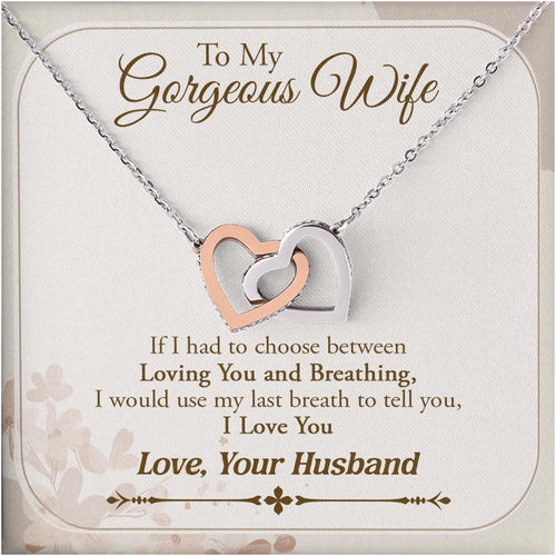Netecom Personalized To My Gorgeous Wife Necklace from Husband, Custom Message Card with Name, Elegant Interlocking Heart Jewelry Gift for Couple, Wedding, Birthday, Christmas