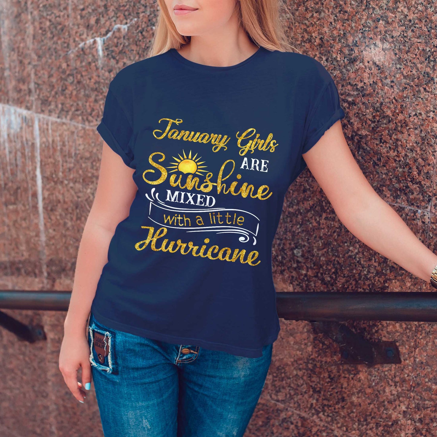 Netecom January Girls Sunshine With a Little Hurricane T-Shirt, Funny Birthday Tee for Women, Gift for January Girl
