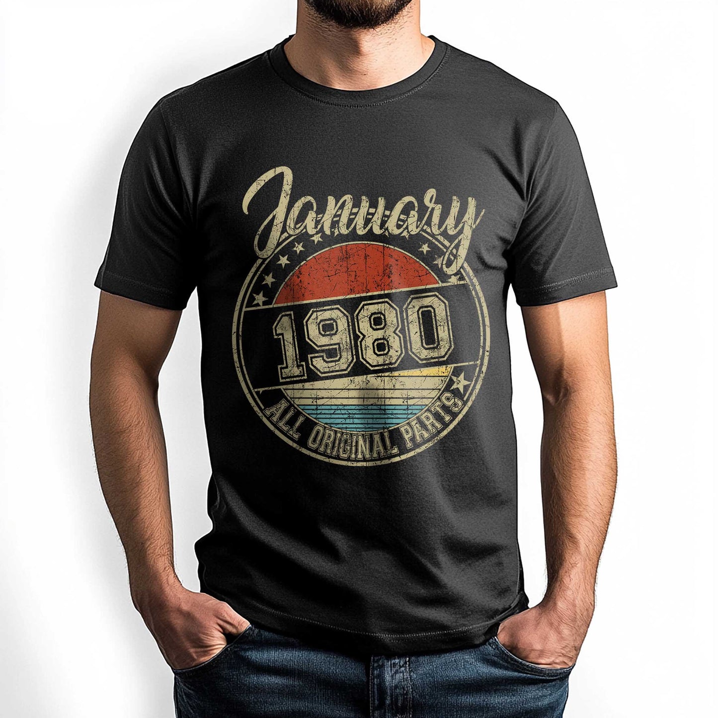 Netecom January 1980 All Original Parts T-Shirt, Retro Birthday Shirt for Men, Perfect Gift for January Birthday