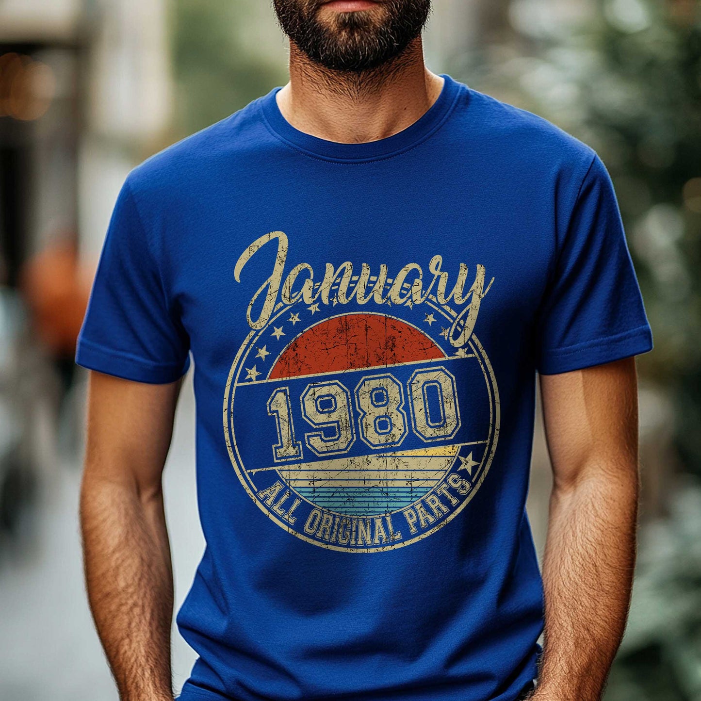 Netecom January 1980 All Original Parts T-Shirt, Retro Birthday Shirt for Men, Perfect Gift for January Birthday