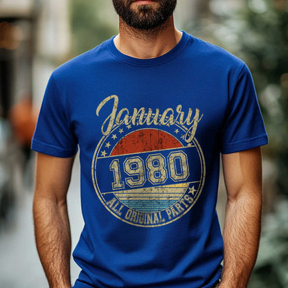 Netecom January 1980 All Original Parts T-Shirt, Retro Birthday Shirt for Men, Perfect Gift for January Birthday
