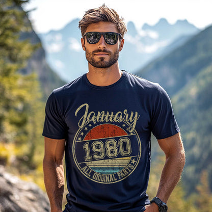 Netecom January 1980 All Original Parts T-Shirt, Retro Birthday Shirt for Men, Perfect Gift for January Birthday