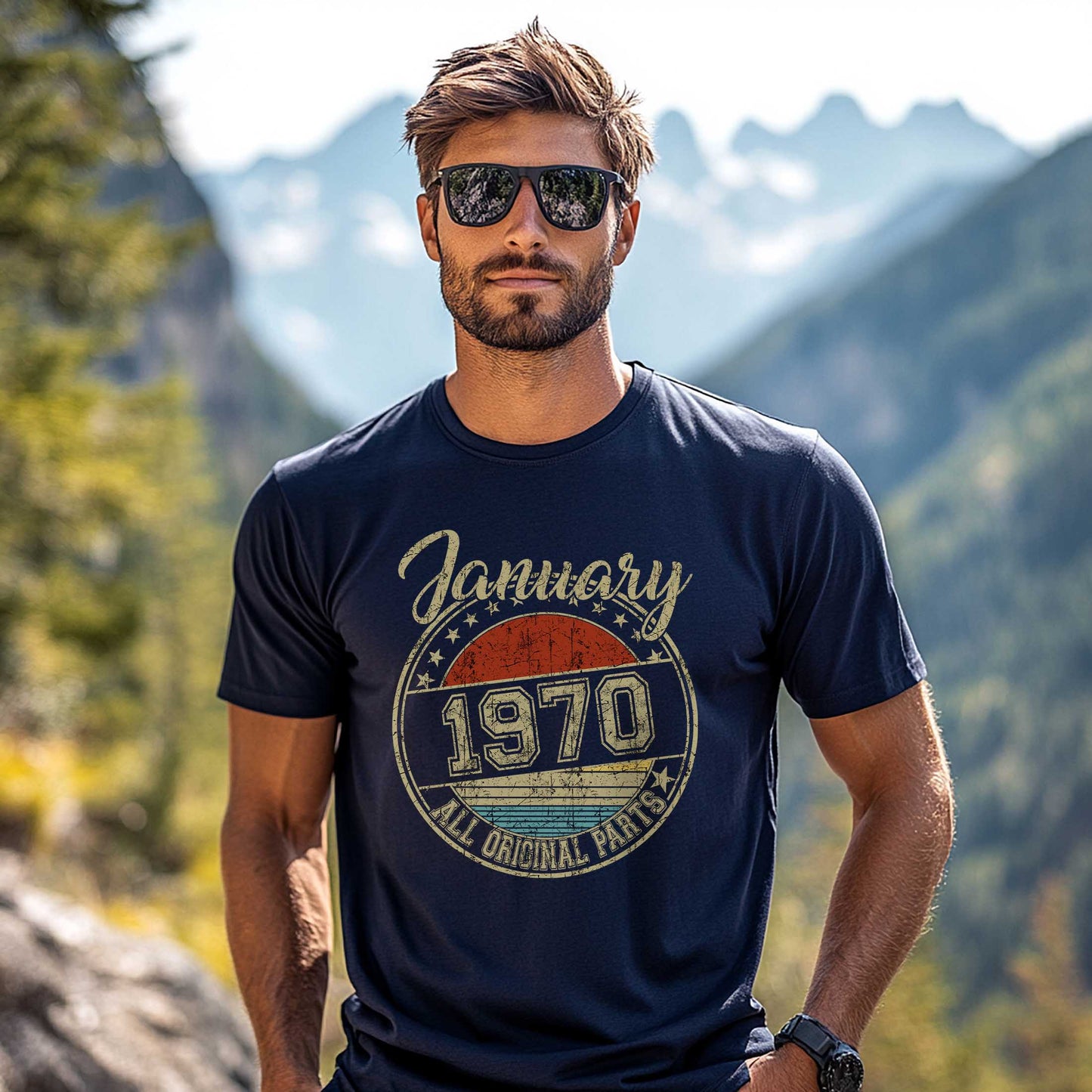 Netecom January 1970 All Original Parts T-Shirt, Retro Birthday Shirt for Men, Perfect Gift for January Birthday
