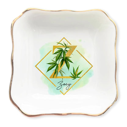 Netecom Custom Cannabis Jewelry Tray with Initials, Personalized Ceramic Tray with Gold Cannabis Design for Gifts or Home Decor