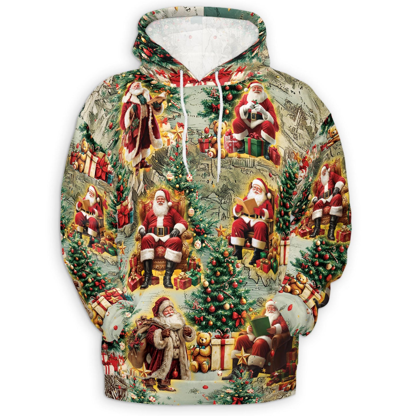 Netecom Vintage Santa Claus Print Hoodie with Front Pocket, All Over Xmas Graphic Sweatshirt Unisex Casual