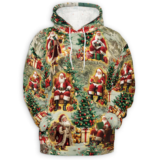 Netecom Vintage Santa Claus Print Hoodie with Front Pocket, All Over Xmas Graphic Sweatshirt Unisex Casual
