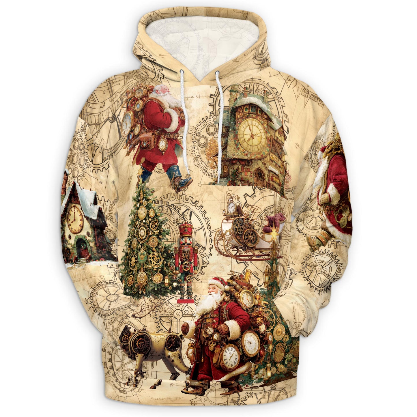 Netecom Steampunk Christmas Print Hoodie with Front Pocket, All Over Santa Claus Clock Gears Graphic Sweatshirt Unisex Casual