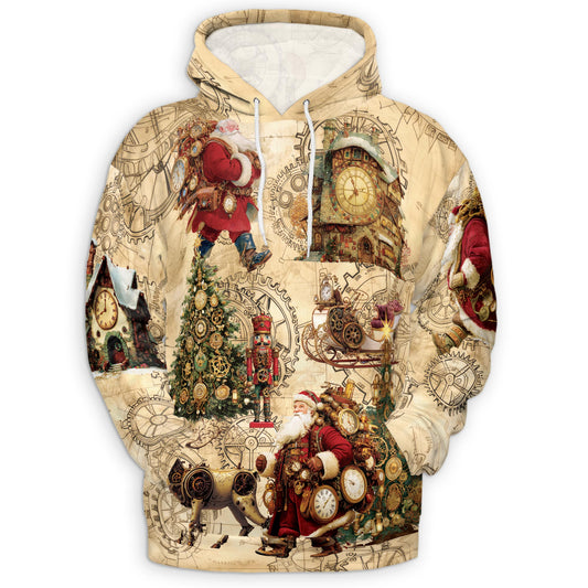 Netecom Steampunk Christmas Print Hoodie with Front Pocket, All Over Santa Claus Clock Gears Graphic Sweatshirt Unisex Casual