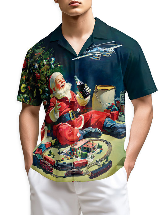 Netecom Vintage Santa Claus Christmas Train Hawaiian Shirt for Men, Retro Santa Xmas Button Down Short Sleeve Shirt