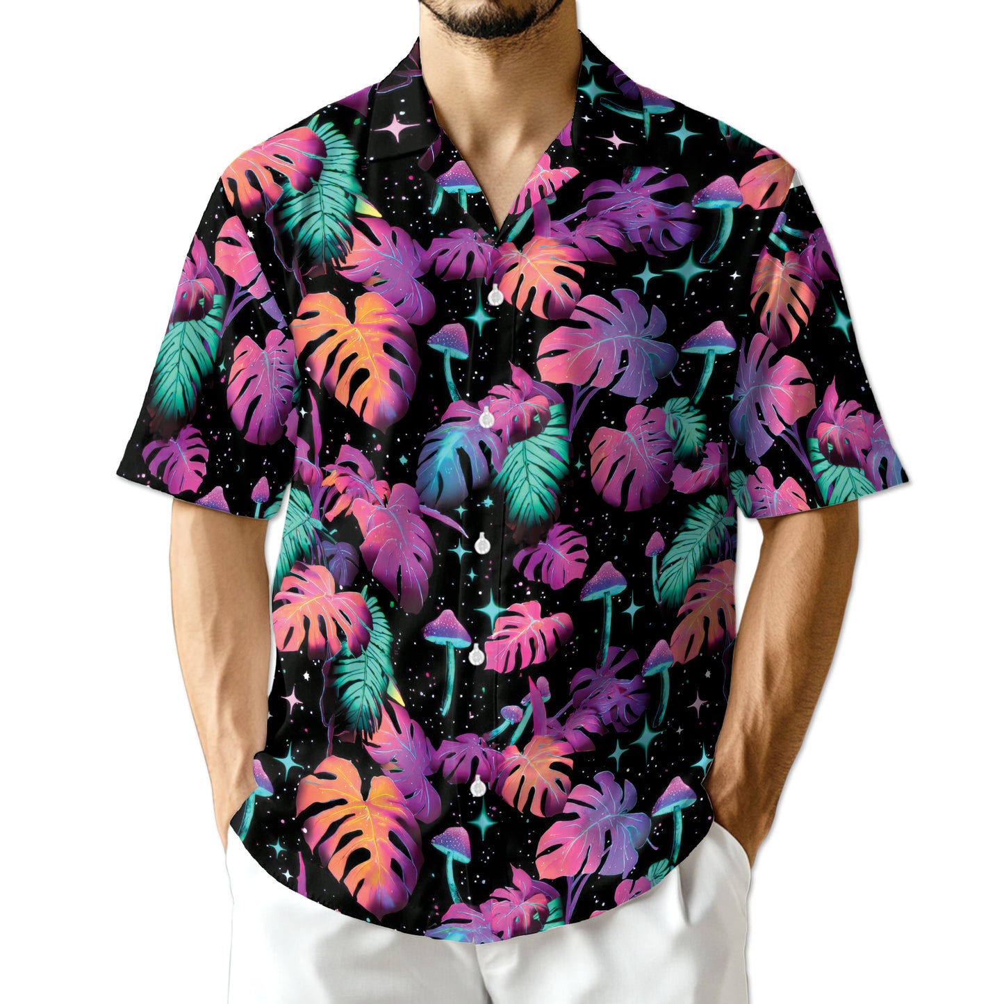Netecom Tropical Neon Mushroom Hawaiian Shirt for Men, Fungi Lover Gifts, Botanical Button Down Summer Beach Shirts