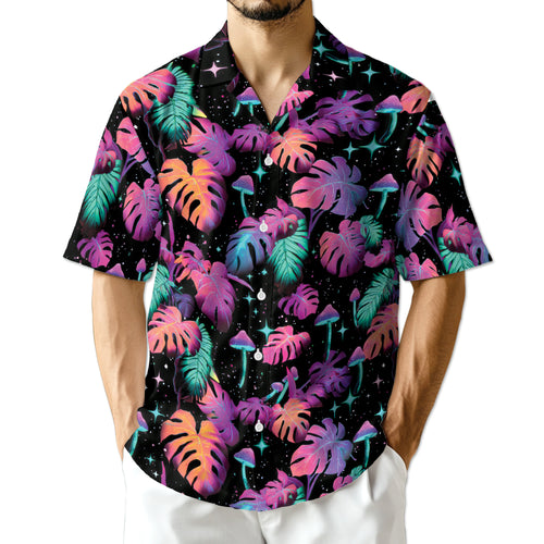 Netecom Tropical Neon Mushroom Hawaiian Shirt for Men, Fungi Lover Gifts, Botanical Button Down Summer Beach Shirts