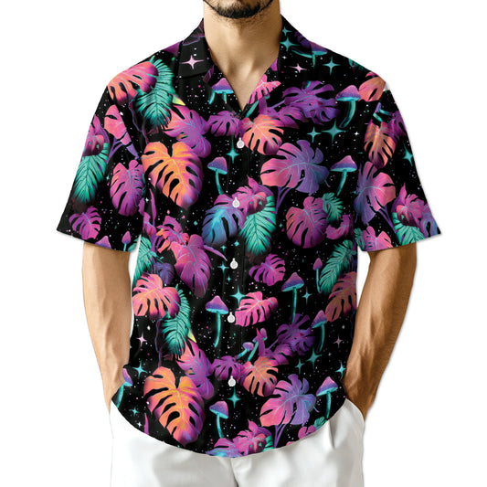 Netecom Tropical Neon Mushroom Hawaiian Shirt for Men, Fungi Lover Gifts, Botanical Button Down Summer Beach Shirts