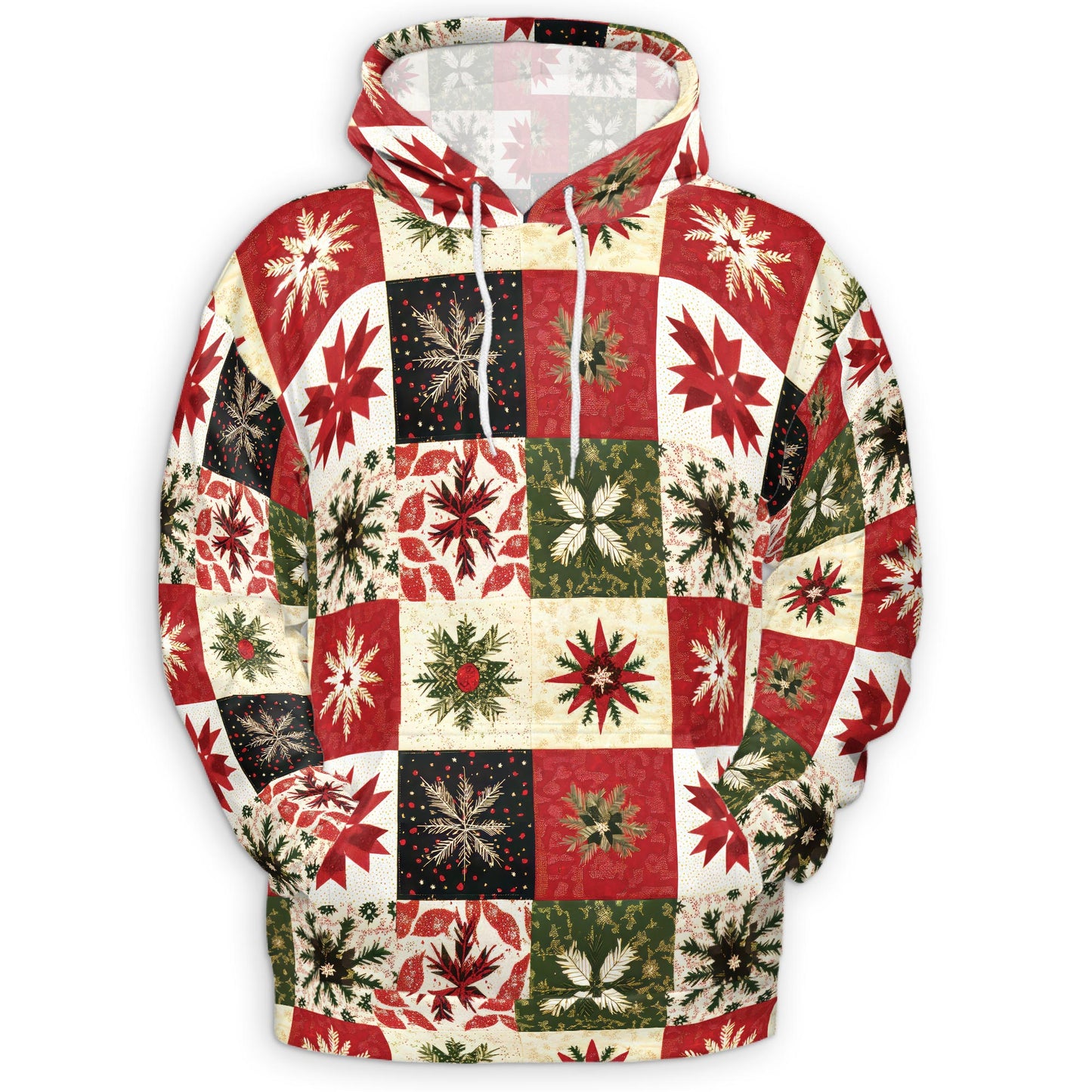 Netecom Christmas Quilt Pattern Print Hoodie with Front Pocket, All Over Patchwork Style Graphic Sweatshirt Unisex Casual