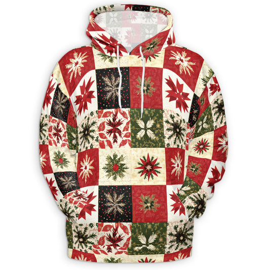Netecom Christmas Quilt Pattern Print Hoodie with Front Pocket, All Over Patchwork Style Graphic Sweatshirt Unisex Casual