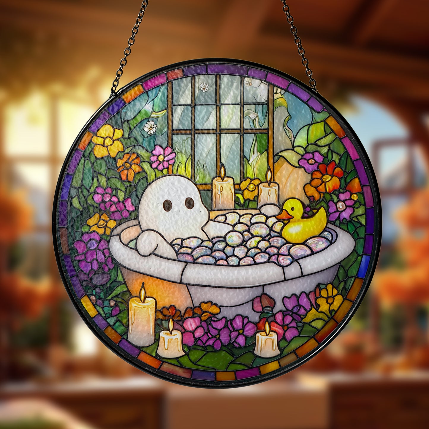 Netecom Charming Ghost in Bathtub Stained Glass Sun Catcher – Quirky Decorative Ornament, Perfect Gift for Fun and Whimsy