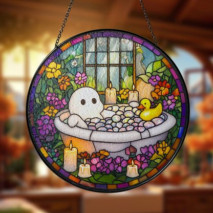 Netecom Charming Ghost in Bathtub Stained Glass Sun Catcher – Quirky Decorative Ornament, Perfect Gift for Fun and Whimsy