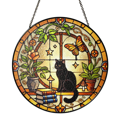 Netecom Black Cat and Books Stained Glass Suncatcher, Golden Floral Window Hanging, Cozy Home Decor, Christmas Gift for Cat Lovers and Book Enthusiasts