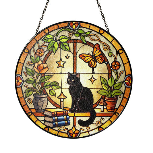 Netecom Black Cat and Books Stained Glass Suncatcher, Golden Floral Window Hanging, Cozy Home Decor, Christmas Gift for Cat Lovers and Book Enthusiasts