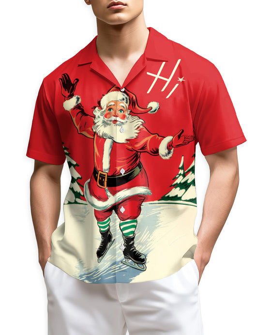 Netecom Vintage Ice Skating Santa Hawaiian Shirt for Men, Retro Old Fashion Christmas Button Down Summer Beach Shirt, S-5XL