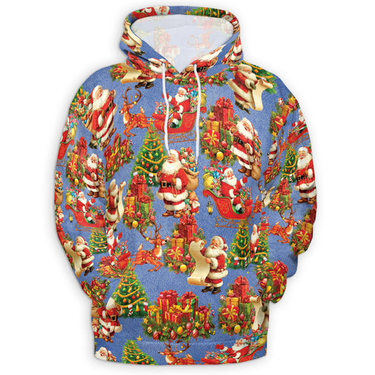 Netecom Santa Claus Christmas Night Print Hoodie with Front Pocket, All Over Vintage Xmas Graphic Sweatshirt Unisex Casual
