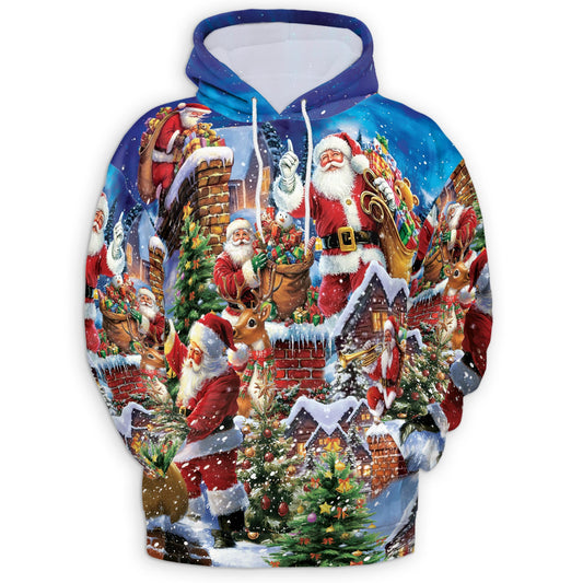 Netecom Christmas Rooftop Santa Claus 3D Hoodie with Front Pocket, Unisex Casual All Over Graphic Sweatshirt