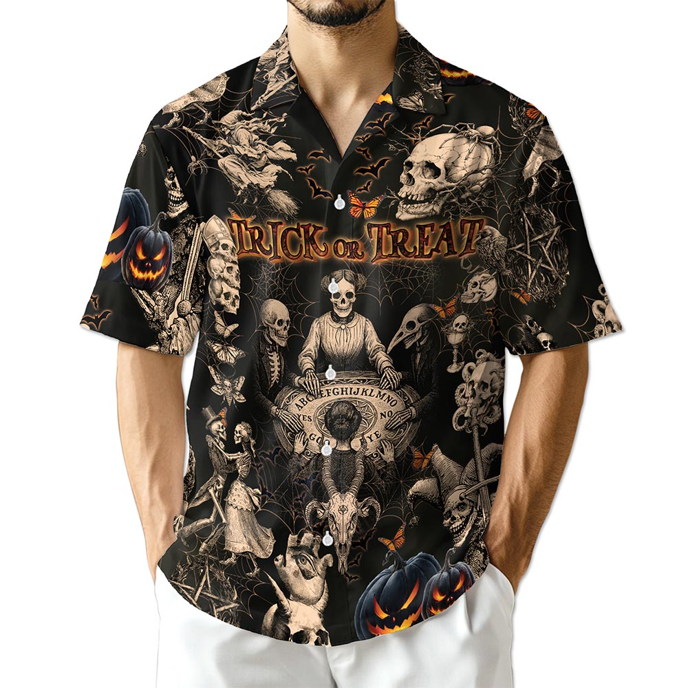 Netecom Vintage Skull Halloween Hawaiian Shirt for Men, Halloween Present, Skeleton Button Down Summer Beach Shirts, S-5XL