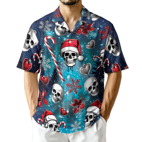 Netecom Skull Santa Christmas Hawaiian Shirt for Men Women, Gothic Button Down Summer Beach Shirts, S-5XL