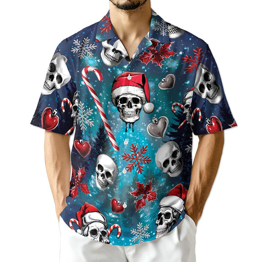 Netecom Skull Santa Christmas Hawaiian Shirt for Men Women, Gothic Button Down Summer Beach Shirts, S-5XL