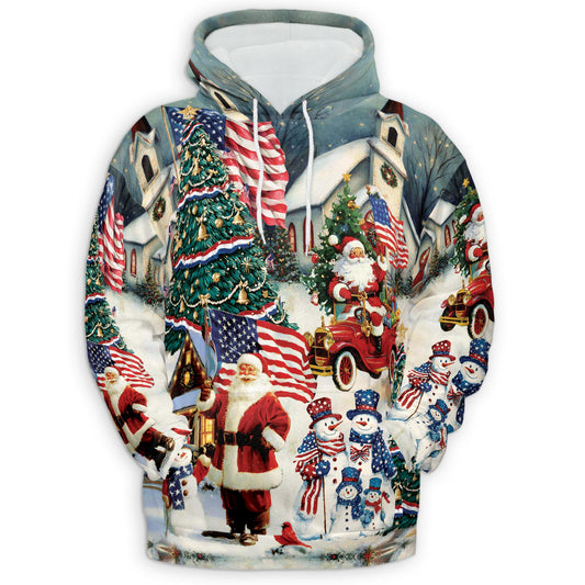 Netecom American Flag Santa Christmas 3D Hoodie with Front Pocket, Unisex Casual All Over Patriotic Graphic Sweatshirt