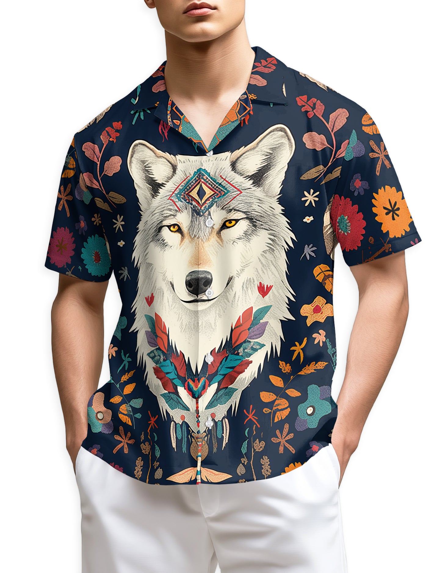 Netecom Wolf Art Hawaiian Shirt for Men, Wolf Lover Gifts, Wild Vintage Button Down Summer Beach Shirts