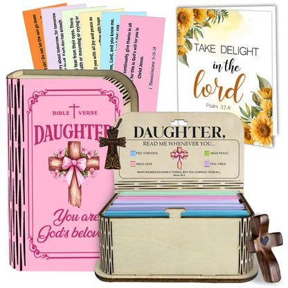 Netecom Inspirational Bible Verse Box Set for Daughter – Wooden Scripture Box with 150 Daily Prayer Cards, Faith-Based Christian Gift