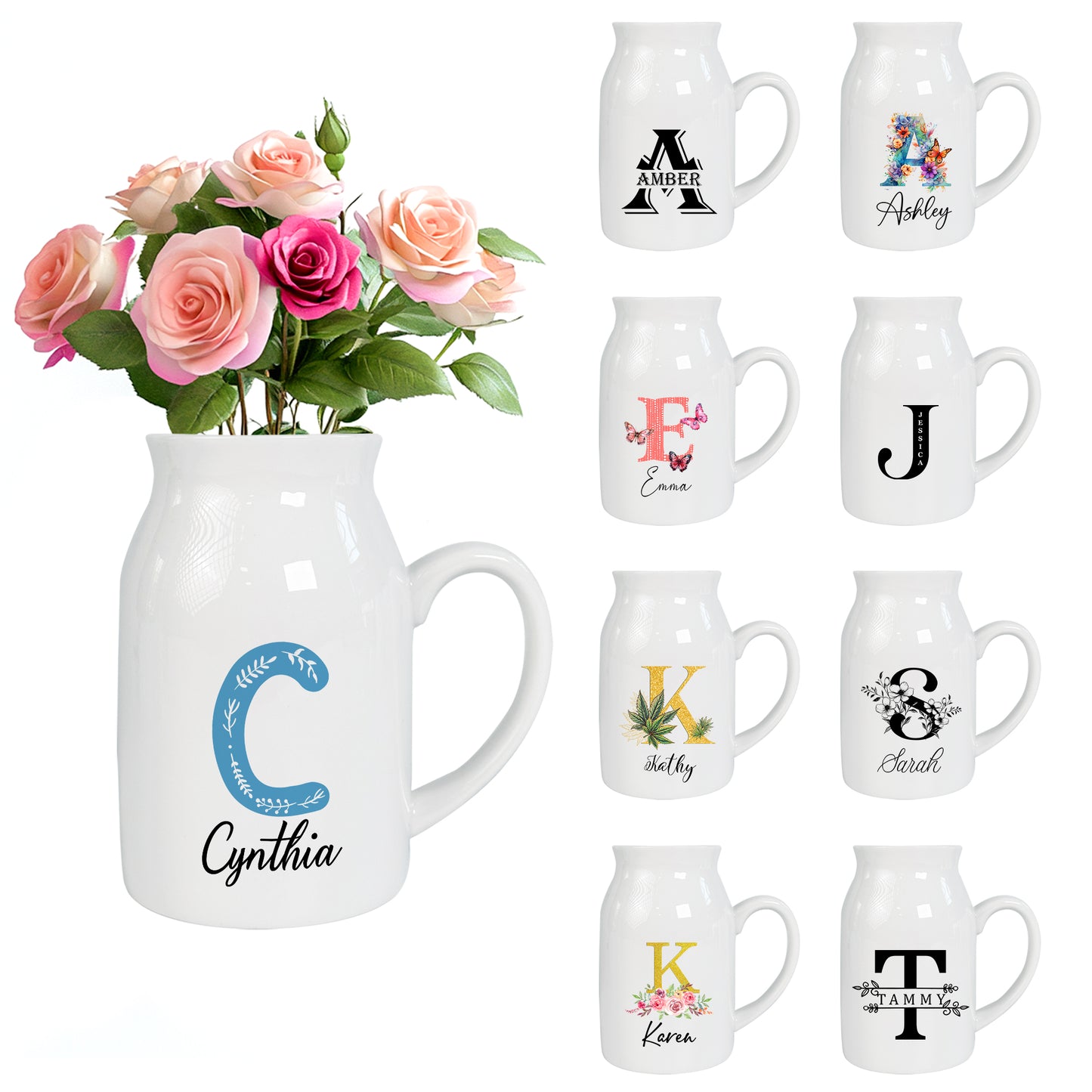 Netecom Customized Floral Ceramic Jug Vase with Gold Letter and Name, Perfect Gift for Valentine’s Day, Wedding, or Birthday Celebration