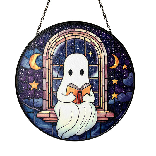 Netecom Reading Ghost Stained Glass Suncatcher, Starry Night Window Hanging, Cozy Book Lover Decor, Unique Gift for Halloween and Home Accent