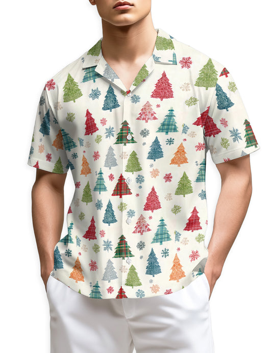Netecom Christmas Tree Pattern Hawaiian Shirt for Men, Colorful Xmas Plaid Trees Button Down Summer Short Sleeve Shirts