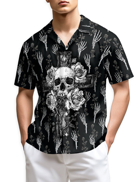 Netecom Black And White Skull Roses Hawaiian Shirt for Men, Skeleton Hand Flower Print Button Down Summer Beach Shirts