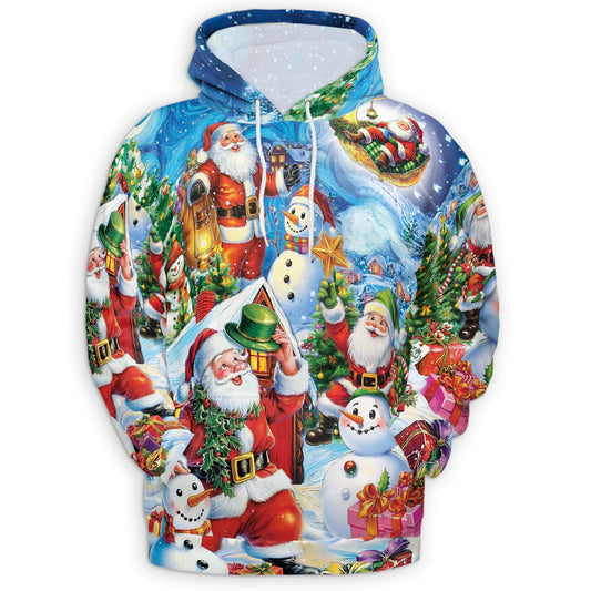 Netecom Santa Claus and Snowman Print Hoodie with Front Pocket, All Over Graphic Festive Christmas Sweatshirt Unisex Casual