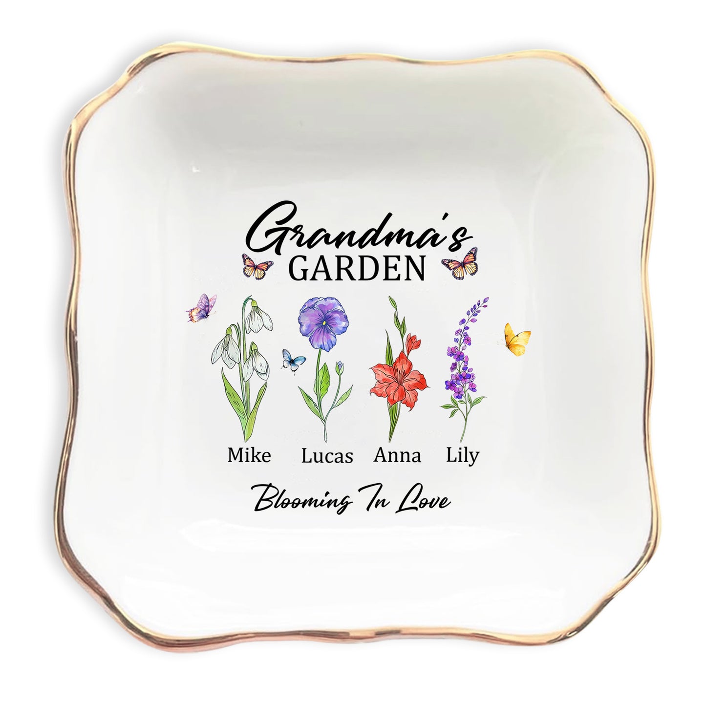 Netecom Personalized Birth Month Flower Jewelry Tray , Custom Names Ceramic Ring Dish, Elegant Grandma’s Garden Gift