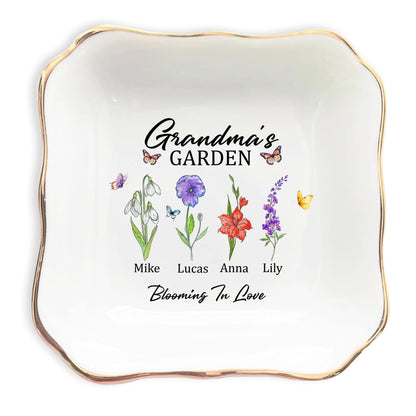 Netecom Personalized Birth Month Flower Jewelry Tray , Custom Names Ceramic Ring Dish, Elegant Grandma’s Garden Gift