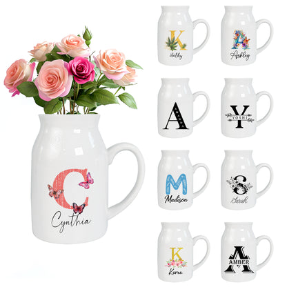 Netecom Custom Floral Initial Ceramic Jug Vase with Personalized Name, Stylish Farmhouse Gift for Birthday, Wedding, or Holiday Decor