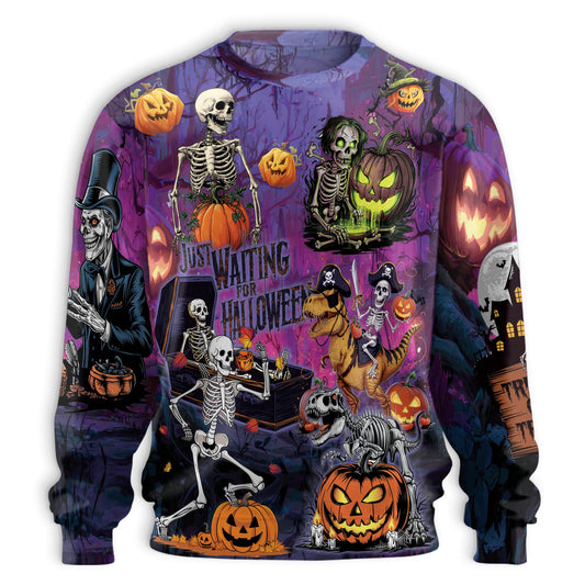 Netecom Halloween Skeleton Pumpkin Sweatshirt 3D All Over Print, Spooky Gothic Outfit, Crewneck Pullover for Costume Party